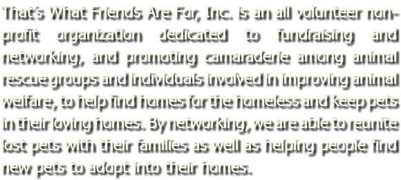 That’s What Friends Are For, Inc. is an all volunteer non-profit organization dedicated to fundraising and networking, and promoting camaraderie among animal rescue groups and individuals involved in improving animal welfare, to help find homes for the homeless and keep pets in their loving homes. By networking, we are able to reunite lost pets with their families as well as helping people find new pets to adopt into their homes.